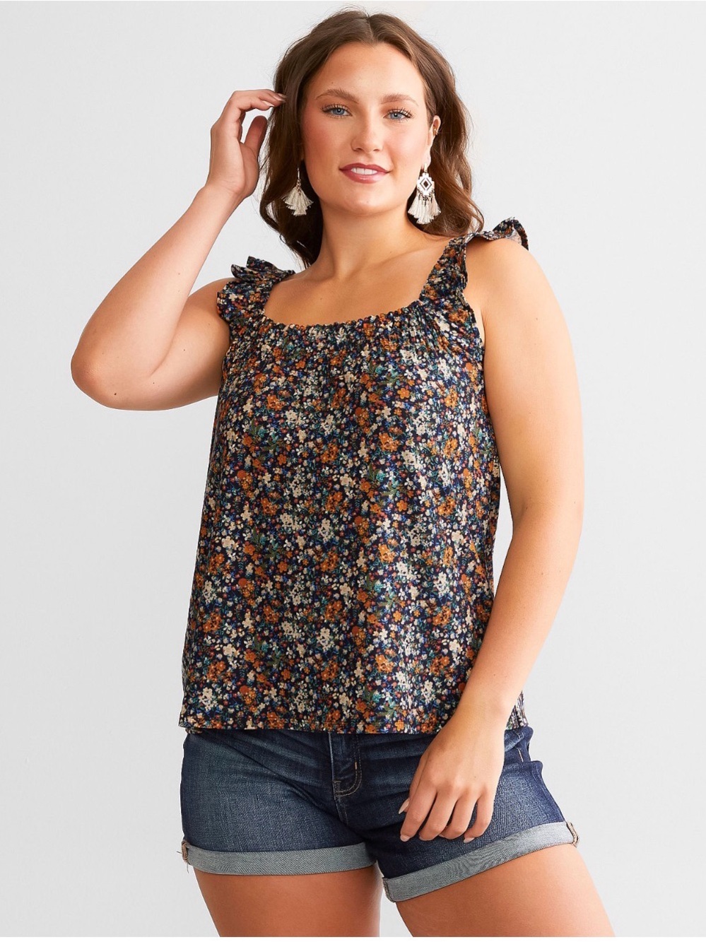 Daytrip Floral Ruffle Strap Tank Top - Navy Multi